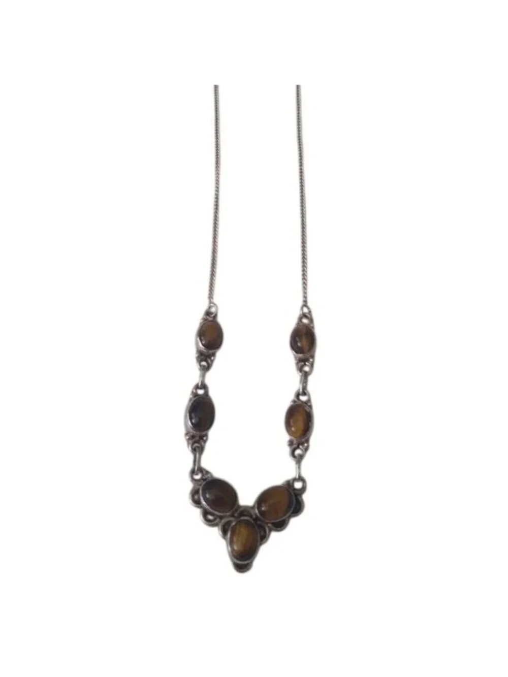 Sterling Silver + Tigers Eye V shaped Station Necklace, 18